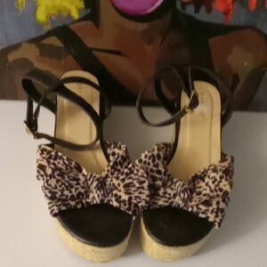 BAMBOO Leopard Print Sandals with Black and Tan Accents